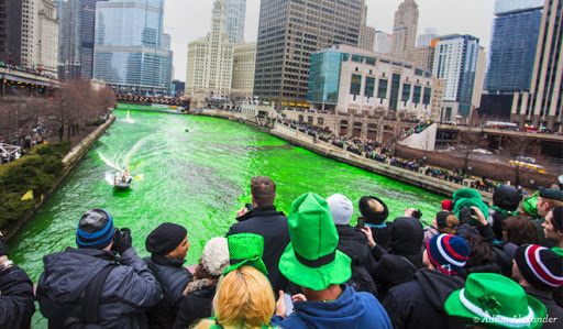The river dyed green during the St. Patricks Day parade in downtown Chicago. Credit: ChicagoNow