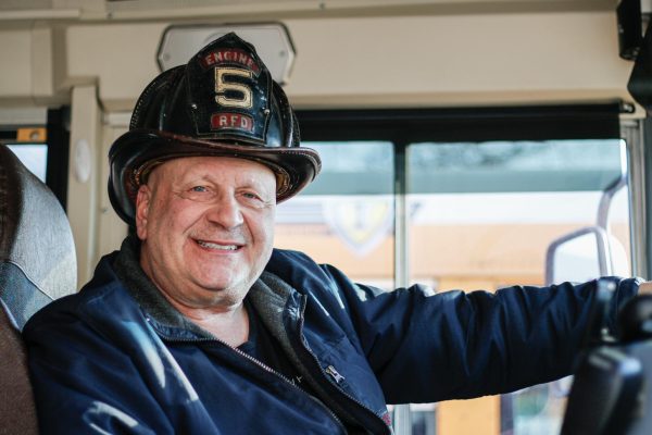 Jim Meyer wearing his firefighting helmet.